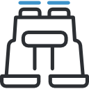 A black and blue icon of binoculars.