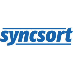 A black background with blue letters that say syncsort.